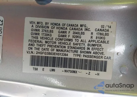 2014 Honda Civic Ex-L from USA, damaged, VIN 2HGFG3B03EH513364